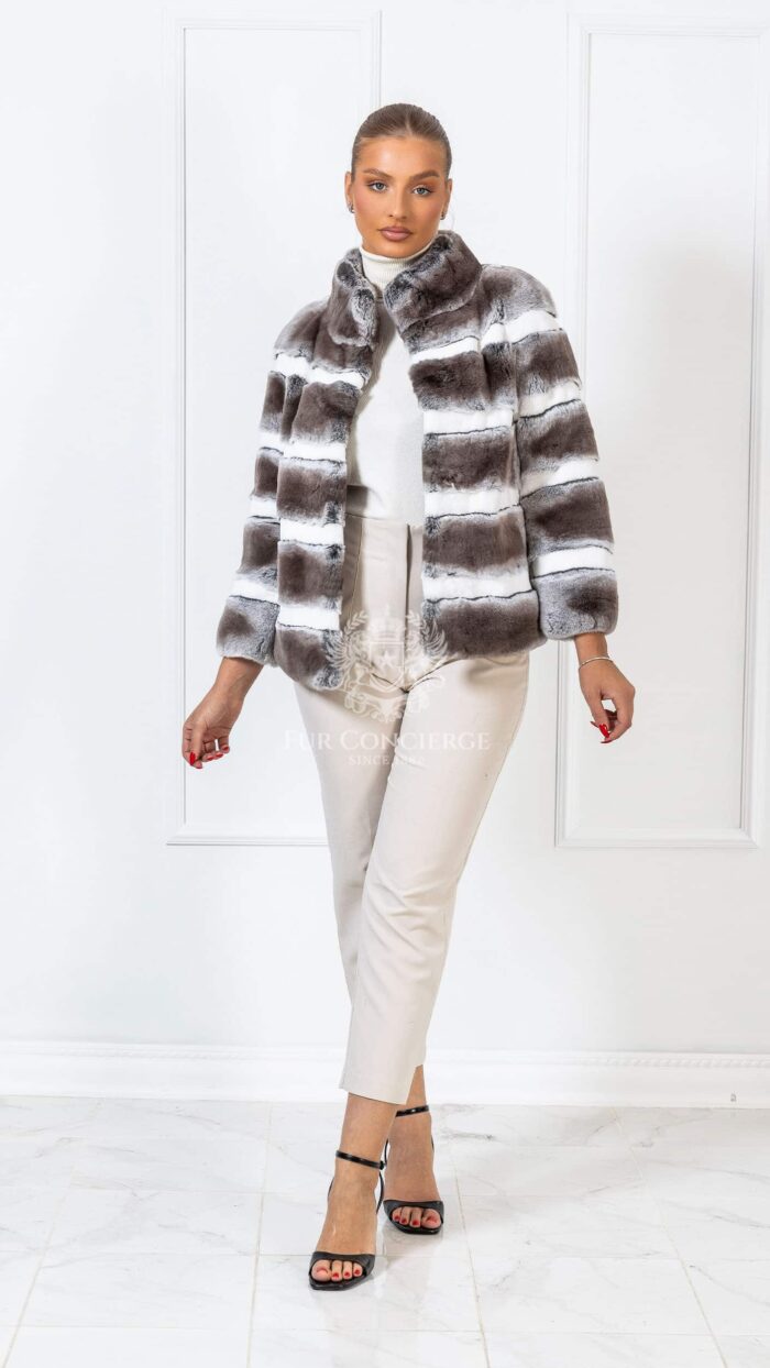 Rain | Luxury Rex Chinchilla Beige Fur Jacket With Stand Collar