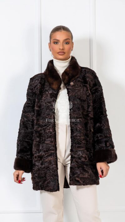 Piper | Luxurious Swakara Brown Mink Fur Jacket With Mink Collar & Cuffs