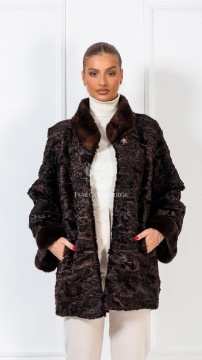 Piper | Luxurious Swakara Brown Mink Fur Jacket With Mink Collar & Cuffs