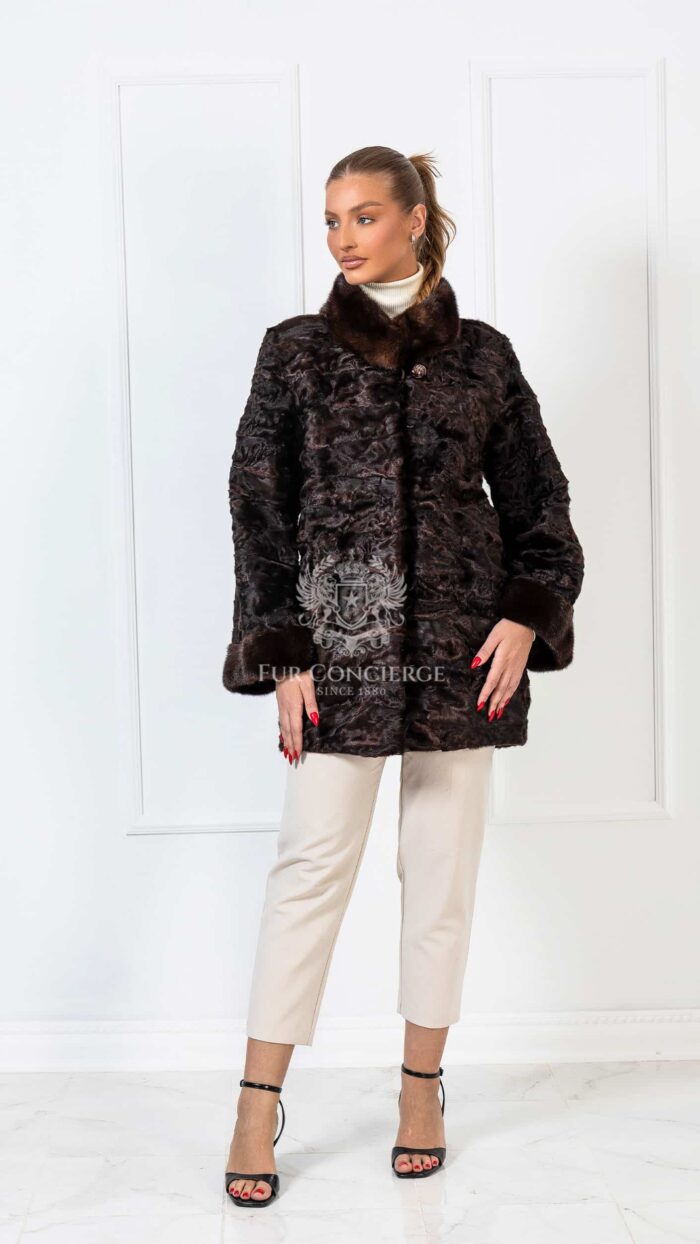 Piper | Luxurious Swakara Brown Mink Fur Jacket With Mink Collar & Cuffs