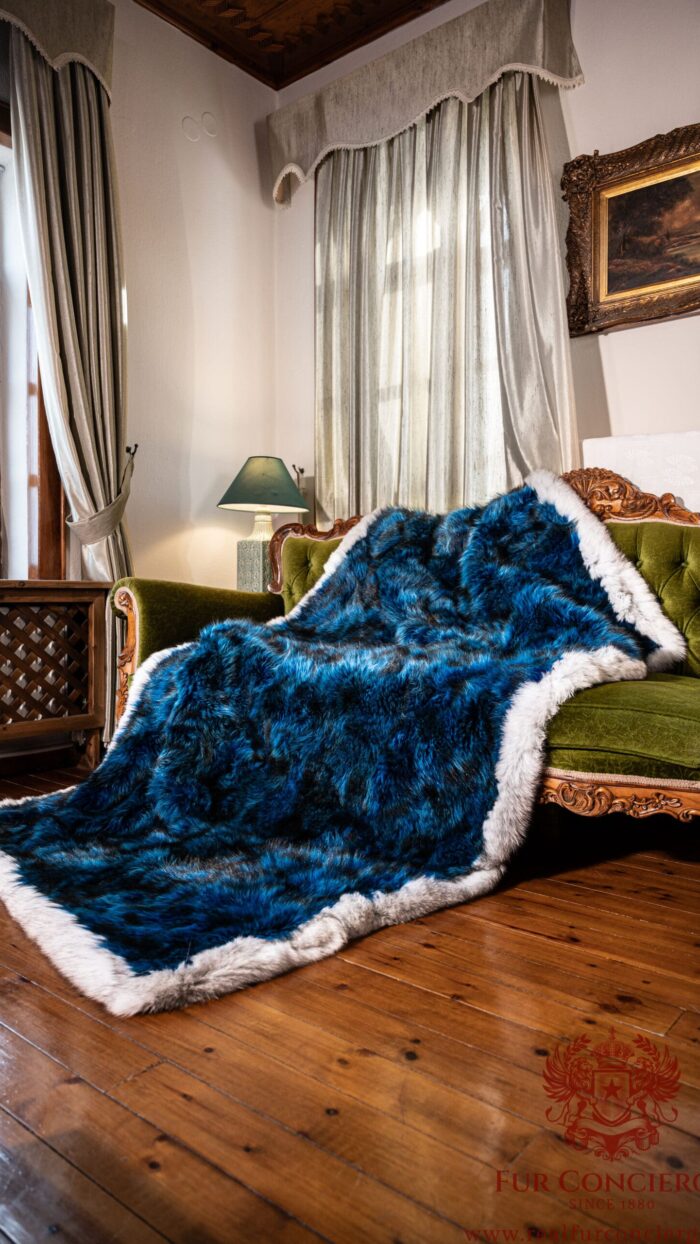 Milan | Real Luxurious Blue American Raccoon Fur Blanket–Throw With Scandinavian Blue Fox Fur Stripe