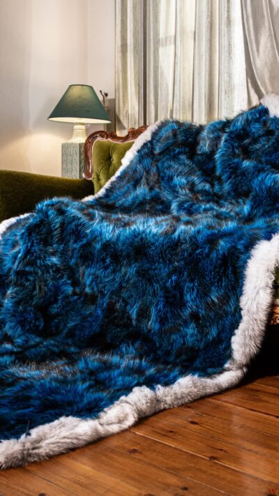 Milan | Real Luxurious Blue American Raccoon Fur Blanket–Throw With Scandinavian Blue Fox Fur Stripe