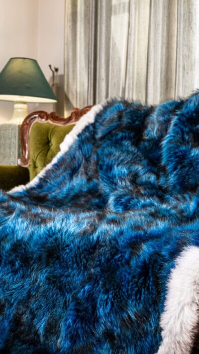 Milan | Real Luxurious Blue American Raccoon Fur Blanket–Throw With Scandinavian Blue Fox Fur Stripe