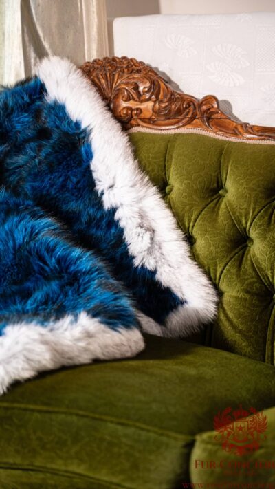 Milan | Real Luxurious Blue American Raccoon Fur Blanket–Throw With Scandinavian Blue Fox Fur Stripe